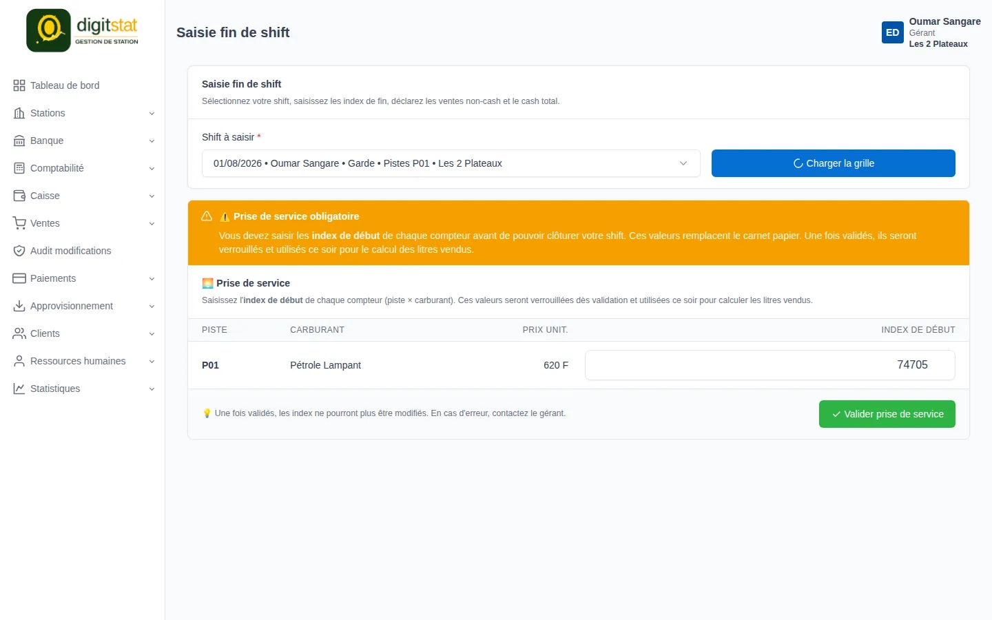 Écran Saisie fin de shift : sélection du shift, rappel de la prise de service et saisie des index de début