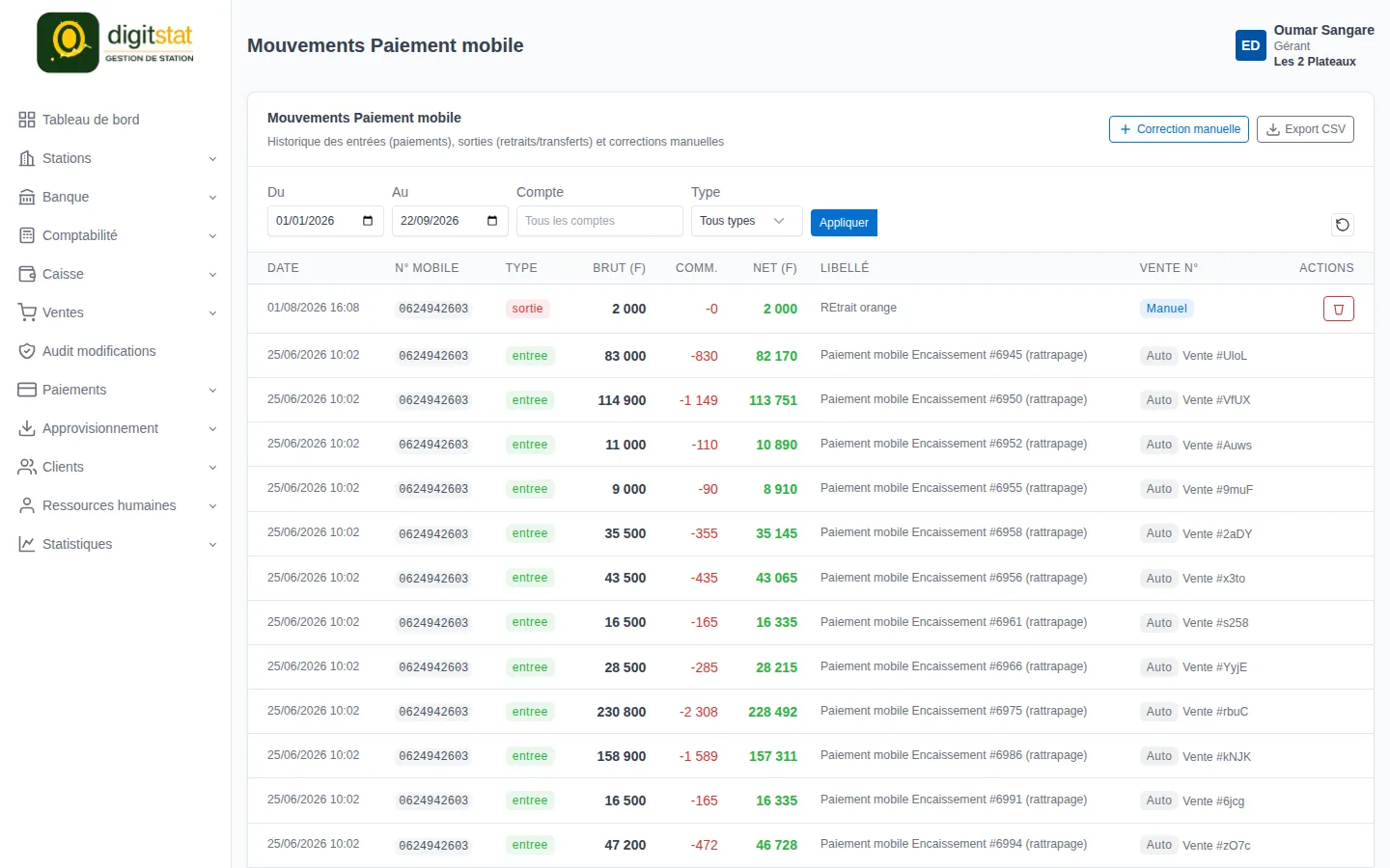 Écran Mouvements paiement mobile : montant brut, commission et net par transaction