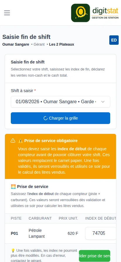 Écran de saisie de fin de shift affiché sur smartphone
